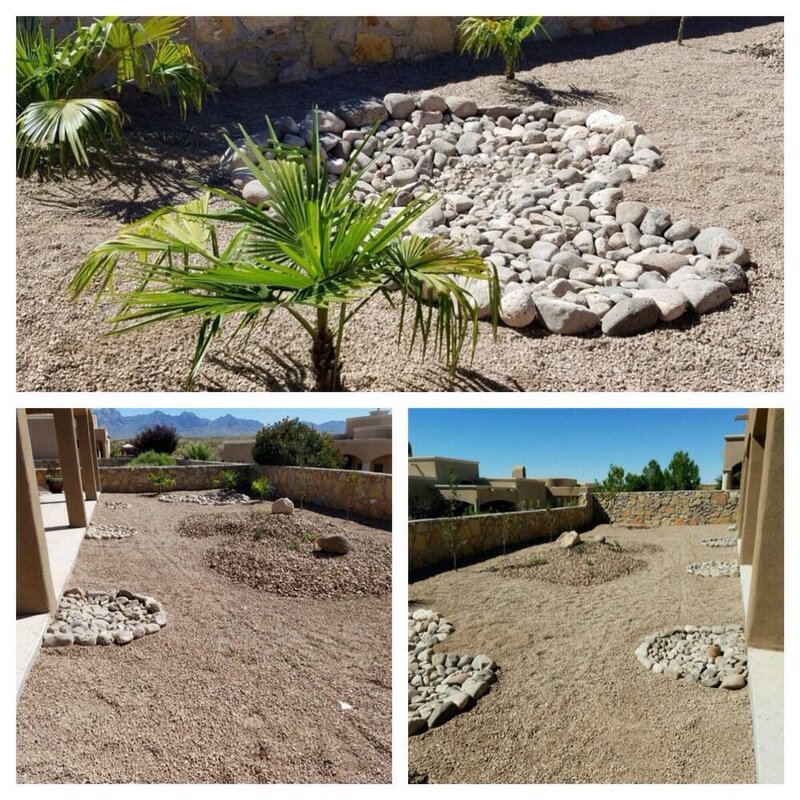 Stormwater drainage integrated with xeriscape rock and palm plantings in Las Cruces