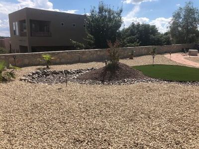 Xeriscape with olive tree accent, river rock bed, and artificial turf in the background